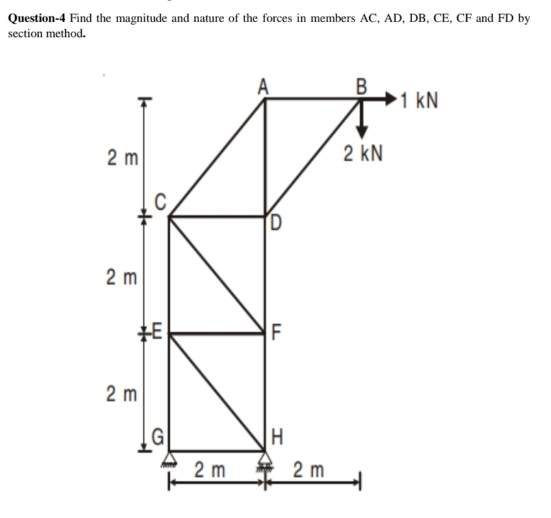 Question-4 Find the magnitude and nature of the forces in members AC, AD, DB, CE, CF and FD by
section method.
A
►1 kN
2 m
2 kN
2 m
F
2 m
H
2 m
2 m
