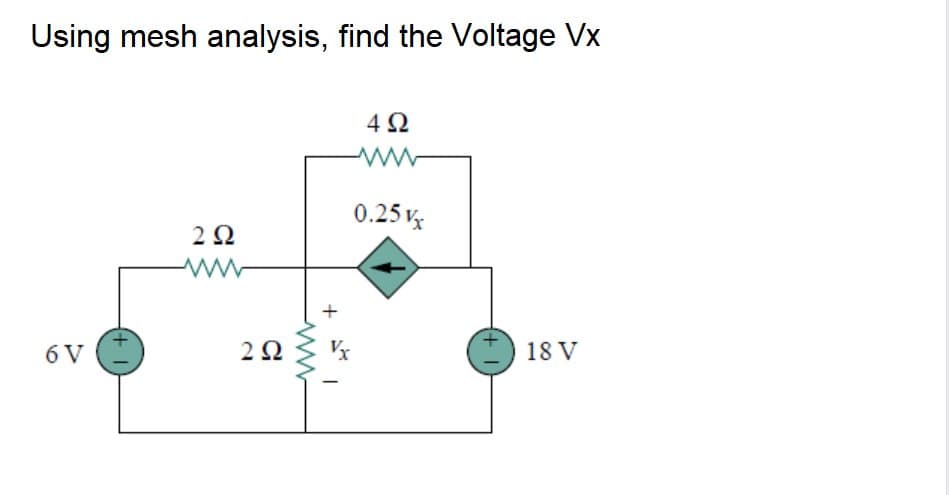 Using mesh analysis, find the Voltage Vx
4Ω
0.25 v
2Ω
6 V
Vx
18 V
+
