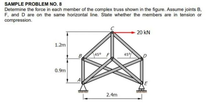 SAMPLE PROBLEM NO. 8
Determine the force in each member of the complex truss shown in the figure. Assume joints B,
F, and D are on the same horizontal line. State whether the members are in tension or
compression.
20 kN
1.2m
B
450
450
0.9m
2.4m
