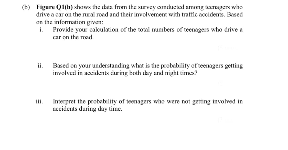 (b) Figure Q1(b) shows the data from the survey conducted among teenagers who
drive a car on the rural road and their involvement with traffic accidents. Based
on the information given:
i. Provide your calculation of the total numbers of teenagers who drive a
car on the road.
ii.
Based on your understanding what is the probability of teenagers getting
involved in accidents during both day and night times?
iii.
Interpret the probability of teenagers who were not getting involved in
accidents during day time.
