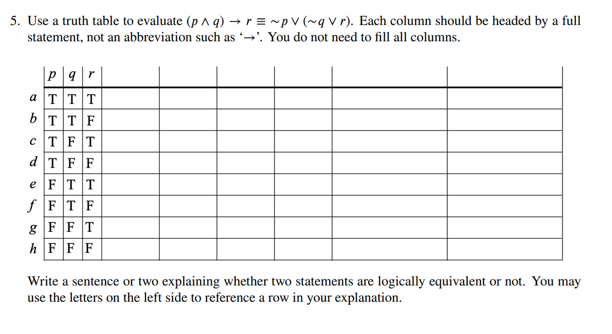 5. Use a truth table to evaluate (p ^ q) → r = ~p V (~q v r). Each column should be headed by a full
statement, not an abbreviation such as →'. You do not need to fill all columns.
pqr
a TTT
b TTF
c T|FT
d TFF
e FTT
f F TF
g F F T
hFFF
Write a sentence or two explaining whether two statements are logically equivalent or not. You may
use the letters on the left side to reference a row in your explanation.
