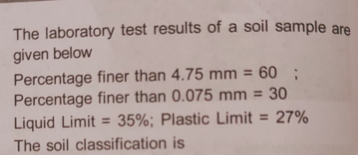 The laboratory test results of a soil sample are
given below
Percentage finer than 4.75 mm 60 ;
Percentage finer than 0.075 mm = 30
Liquid Limit = 35%; Plastic Limit = 27%
The soil classification is
