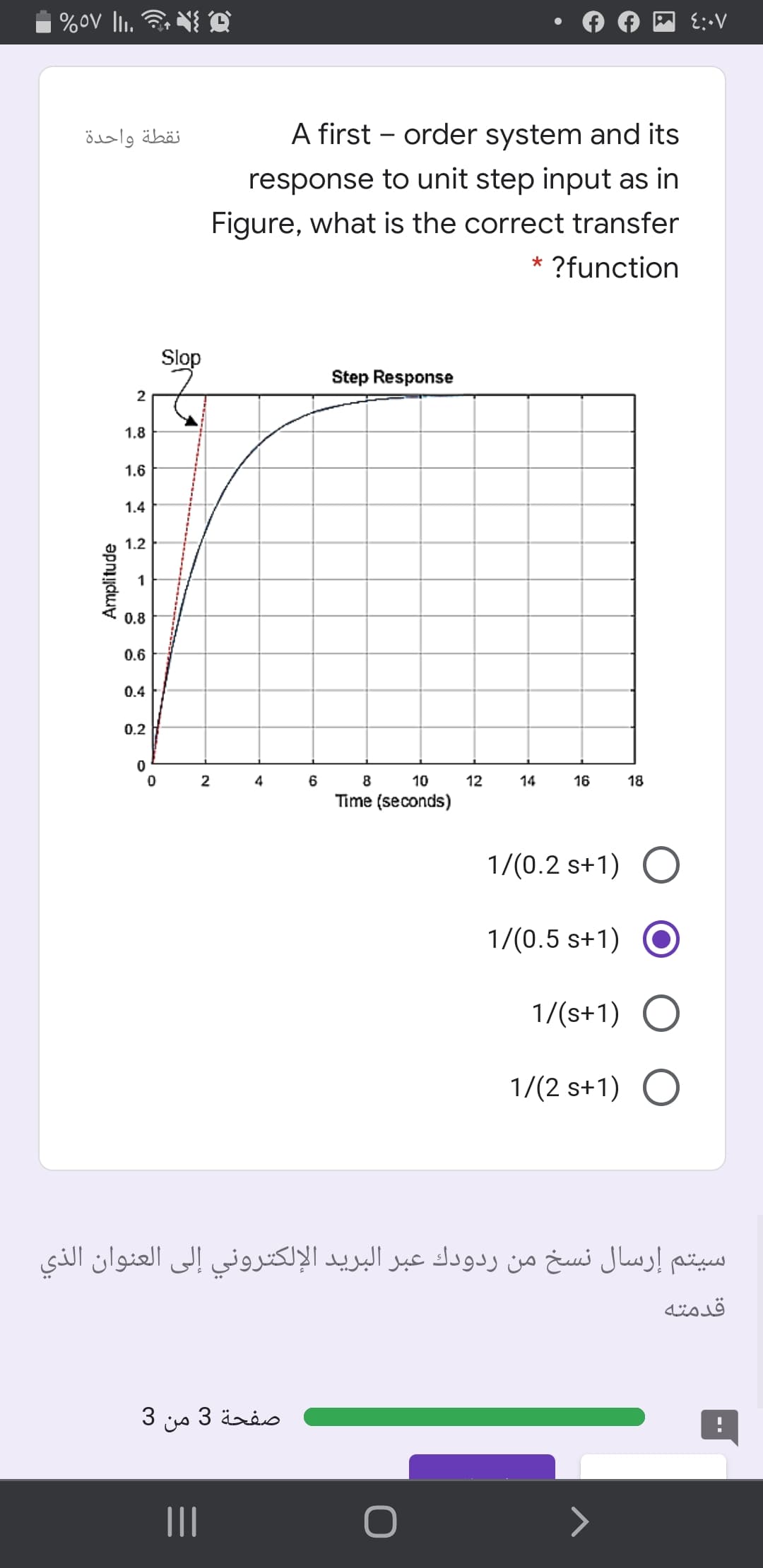 %ov li. A
نقطة واحدة
A first – order system and its
response to unit step input as in
Figure, what is the correct transfer
* ?function
Slop
Step Response
1.8
1.6
1.4
1.2
1
0.8
0.6
0.4
0.2
2
4
6
8
10
12
14
16
18
Time (seconds)
1/(0.2 s+1)
1/(0.5 s+1) O
1/(s+1)
1/(2 s+1) O
سيتم إرسال نسخ من ردودك عبر البريد الإلكتروني إلى العنوان الذي
قدمته
3
صفحة 3 من
II
Amplitude
