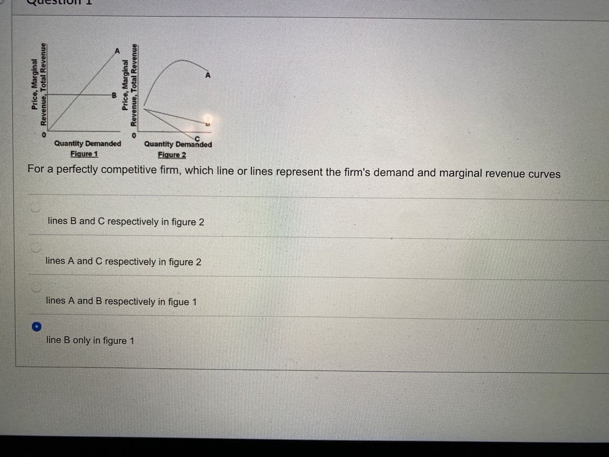 A
Quantity Demanded
Figure 1
Quantity Demanded
Figure 2
For a perfectly competitive firm, which line or lines represent the firm's demand and marginal revenue curves
lines B and C respectively in figure 2
lines A and C respectively in figure 2
lines A and B respectively in figue 1
line B only in figure 1
Price, Marginal
o Revenue, Total Revenue
B.
Price, Marginal
o Revenue, Total Revenue
