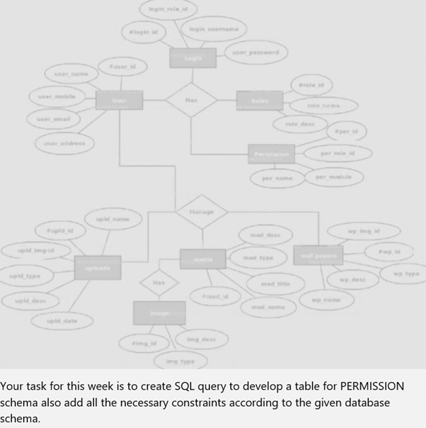 login role id
login usenmame
login id
user password
Login
user id
user name
role id
user mobile
Has
role name
user email
role desc
per id
user address
Permiion
per role ld
per name
per module
Manage
upld name
upld id
wp img id
med desc
upld img-id
wp id
med type
wall papers
upleads
upld type
wp type
wp desc
Has
med title
ed id
upid desc
wp name
med name
upid date
img dese
img id
img type
Your task for this week is to create SQL query to develop a table for PERMISSION
schema also add all the necessary constraints according to the given database
schema.
