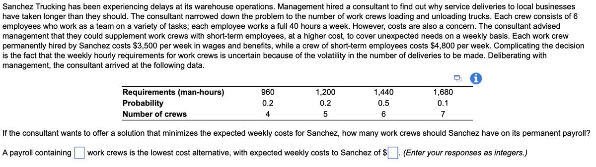 Sanchez Trucking has been experiencing delays at its warehouse operations. Management hired a consultant to find out why service deliveries to local businesses
have taken longer than they should. The consultant narrowed down the problem to the number of work crews loading and unloading trucks. Each crew consists of 6
employees who work as a team on a variety of tasks; each employee works a full 40 hours a week. However, costs are also a concern. The consultant advised
management that they could supplement work crews with short-term employees, at a higher cost, to cover unexpected needs on a weekly basis. Each work crew
permanently hired by Sanchez costs $3,500 per week in wages and benefits, while a crew of short-term employees costs $4,800 per week. Complicating the decision
is the fact that the weekly hourly requirements for work crews is uncertain because of the volatility in the number of deliveries to be made. Deliberating with
management, the consultant arrived at the following data.
Requirements (man-hours)
Probability
960
1,200
1,440
1,680
0.2
0.2
0.5
0.1
Number of crews
4
5
6
7
If the consultant wants to offer a solution that minimizes the expected weekly costs for Sanchez, how many work crews should Sanchez have on its permanent payroll?
A payroll containing
work crews is the lowest cost alternative, with expected weekly costs to Sanchez of $
(Enter your responses as integers.)
