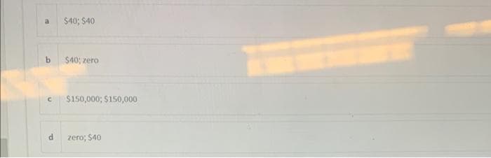 a
b
C
$40; $40
$40; zero
$150,000; $150,000
zero; $40