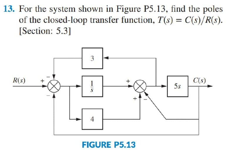 13. For the system shown in Figure P5.13, find the poles
of the closed-loop transfer function, T(s) = C(s)/R(s).
[Section: 5.3]
3
R(s)
1
S
4
+
FIGURE P5.13
50
C(s)
5s