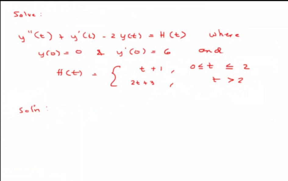 Solve:
y"CE)
y'Ct) -z yct) =H (t)
where
+
yro) = 0
* y'co) = 6
ond
t +1,
ost 2
#Ct)
モ >2
2+ +3
Soln:
