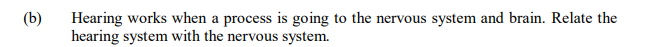 (b)
Hearing works when a process is going to the nervous system and brain. Relate the
hearing system with the nervous system.

