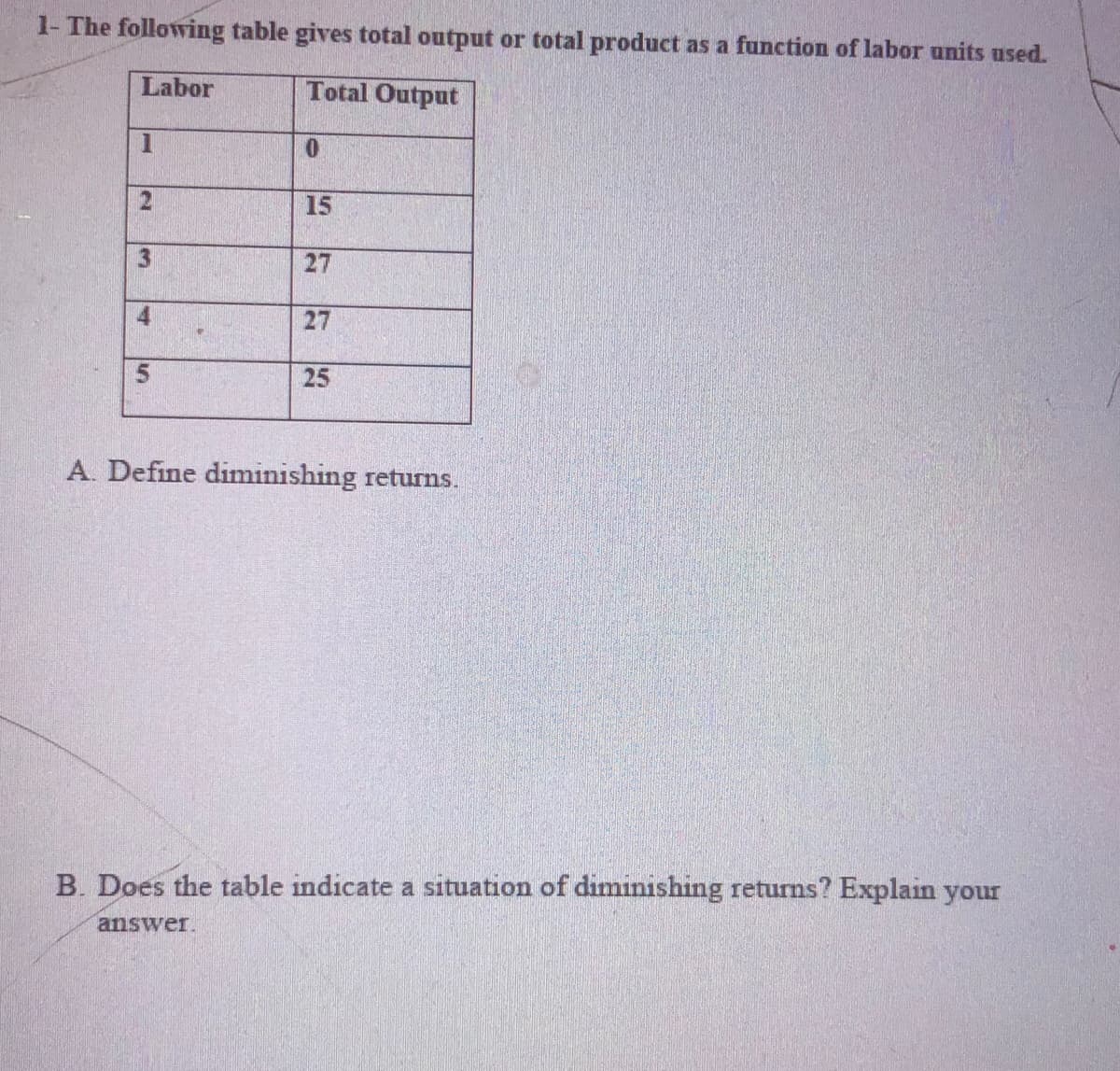 1- The following table gives total output or total product as a function of labor units used.
Labor
Total Output
1.
15
27
27
25
A. Define diminishing returns.
B. Does the table indicate a situation of diminishing returns? Explain your
answer.
2.
