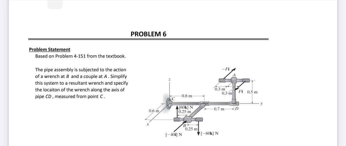 Problem Statement
Based on Problem 4-151 from the textbook.
The pipe assembly is subjected to the action
of a wrench at B and a couple at A. Simplify
this system to a resultant wrench and specify
the locaiton of the wrench along the axis of
pipe CD, measured from point C.
PROBLEM 6
0.6 m
X
Z
C
0.8 m
{60k} N
0.25 m
{−40i} N
B
0.25 m
- Fi
0.3 m
{-60k) N
0.3 m
0.7 m
A
Fi 0.5 m