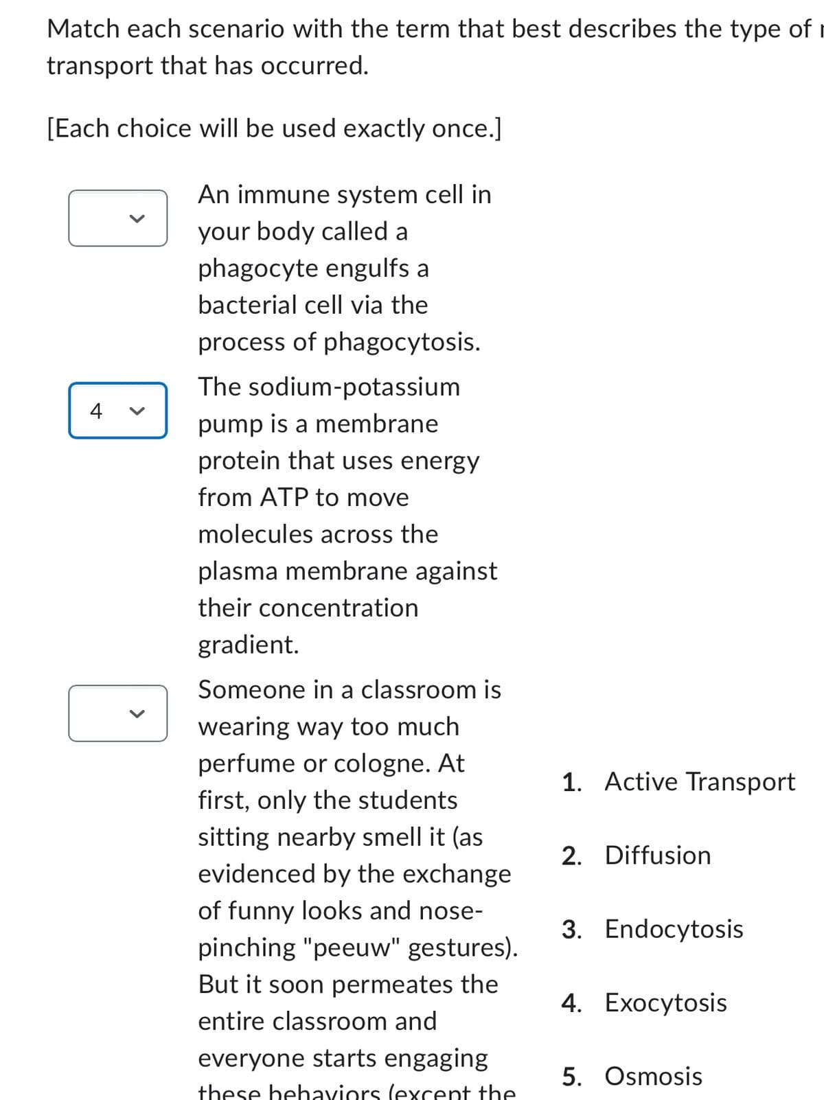 Match each scenario with the term that best describes the type of
transport that has occurred.
[Each choice will be used exactly once.]
An immune system cell in
your body called a
4
V
phagocyte engulfs a
bacterial cell via the
process of phagocytosis.
The sodium-potassium
pump is a membrane
protein that uses energy
from ATP to move
molecules across the
plasma membrane against
their concentration
gradient.
Someone in a classroom is
wearing way too much
perfume or cologne. At
first, only the students
sitting nearby smell it (as
evidenced by the exchange
of funny looks and nose-
pinching "peeuw" gestures).
But it soon permeates the
entire classroom and
everyone starts engaging
these behaviors (except the
1. Active Transport
2. Diffusion
3. Endocytosis
4. Exocytosis
5. Osmosis