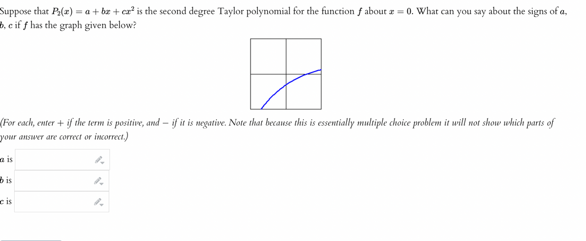 Suppose that P2(æ) = a + bx + cx? is the second degree Taylor polynomial for the function f about æ = 0. What can you say about the signs of a,
b, c if ƒ has the graph given below?
(For each, enter + if the term is positive, and – if it is negative. Note that because this is essentially multiple choice problem it will not show which parts of
your answer are correct or incorrect.)
a is
b is
c is
