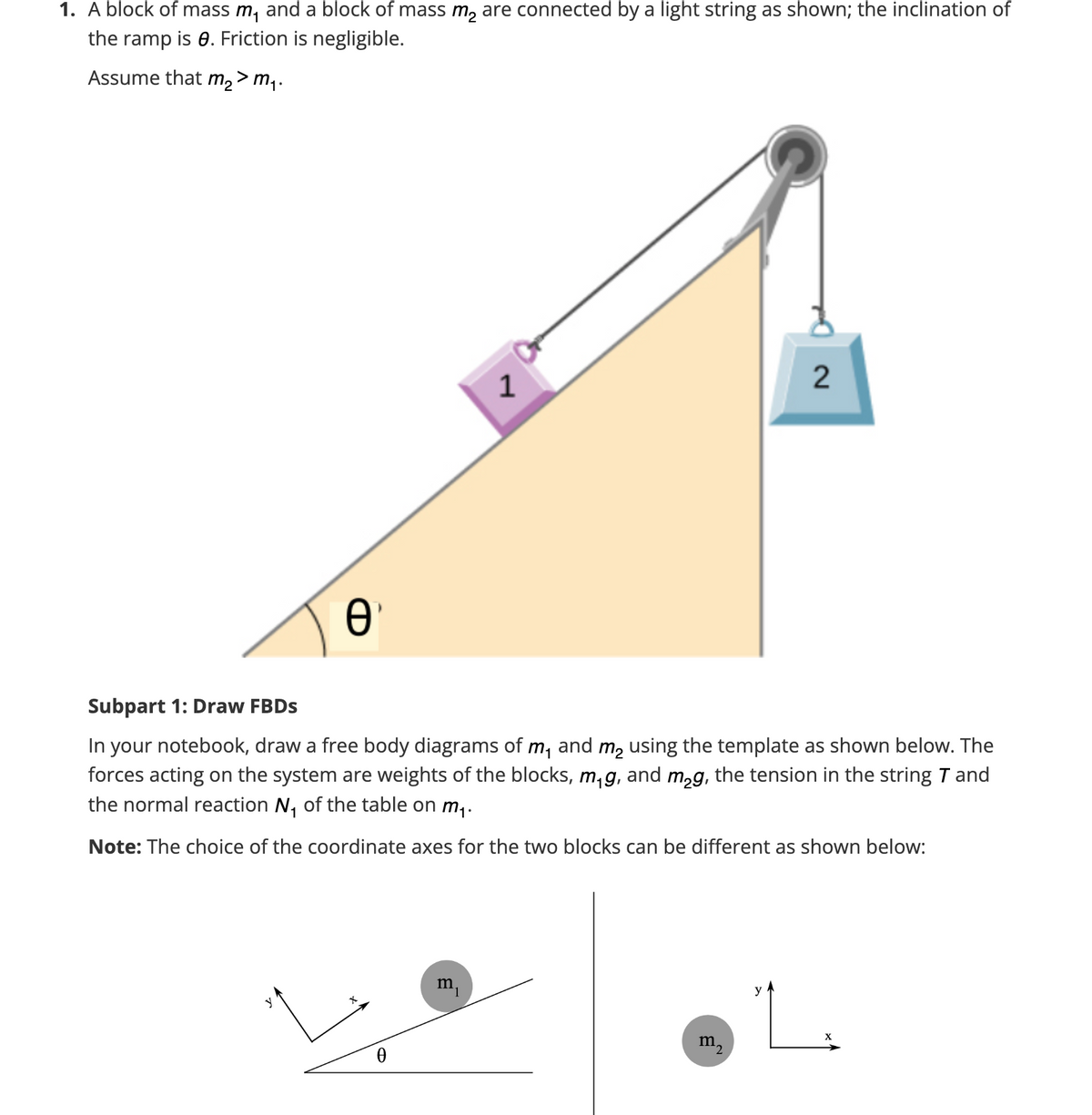 1. A block of mass m, and a block of mass m₂ are connected by a light string as shown; the inclination of
the ramp is 8. Friction is negligible.
Assume that m₂ > m₁.
Ꮎ
1
0
Subpart 1: Draw FBDs
In your notebook, draw a free body diagrams of m, and m₂ using the template as shown below. The
forces acting on the system are weights of the blocks, m₁g, and m₂g, the tension in the string T and
the normal reaction N₁ of the table on m₁.
Note: The choice of the coordinate axes for the two blocks can be different as shown below:
m₂
2
y