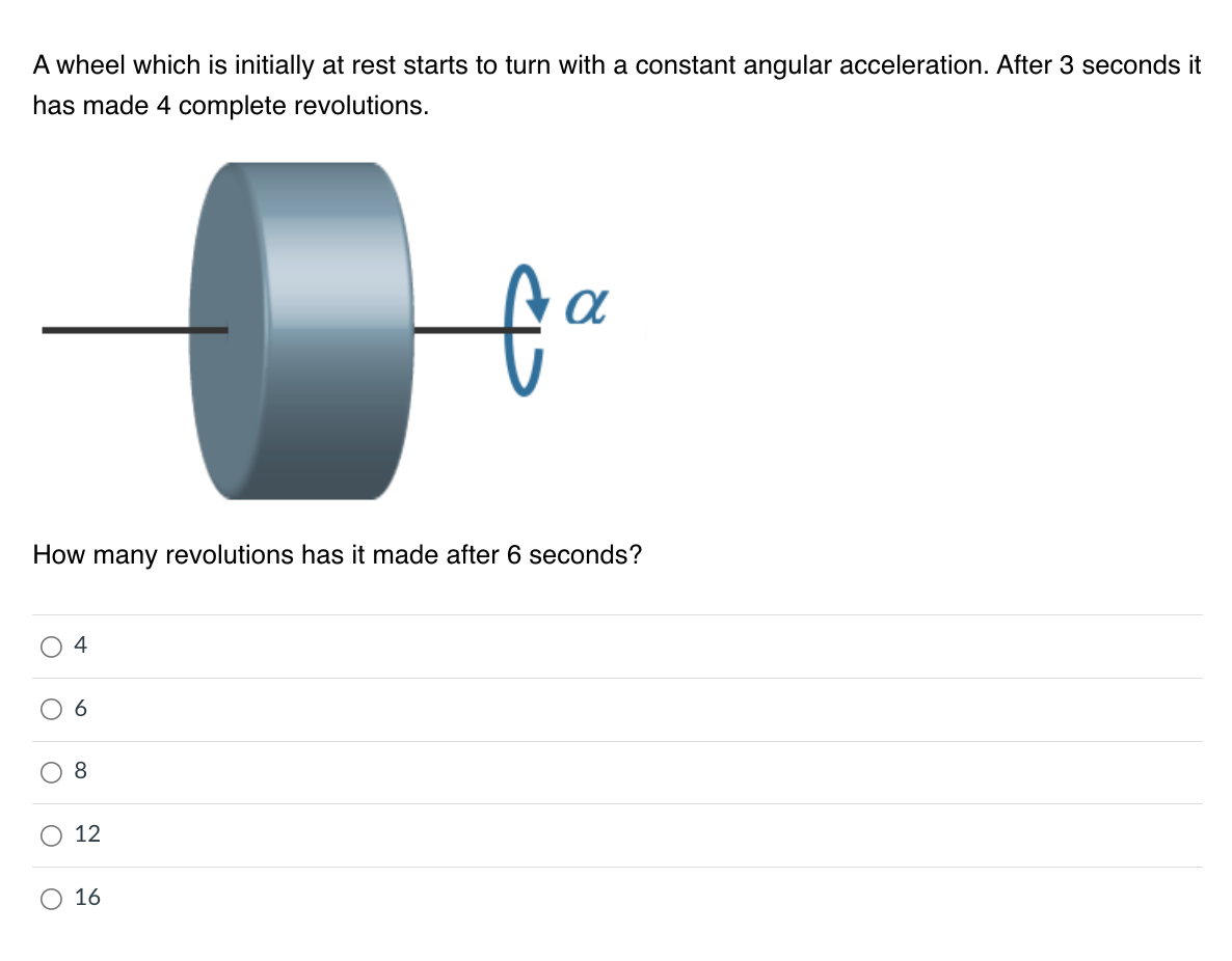 A wheel which is initially at rest starts to turn with a constant angular acceleration. After 3 seconds it
has made 4 complete revolutions.
How many revolutions has it made after 6 seconds?
4
6
8
12
fa
α
16