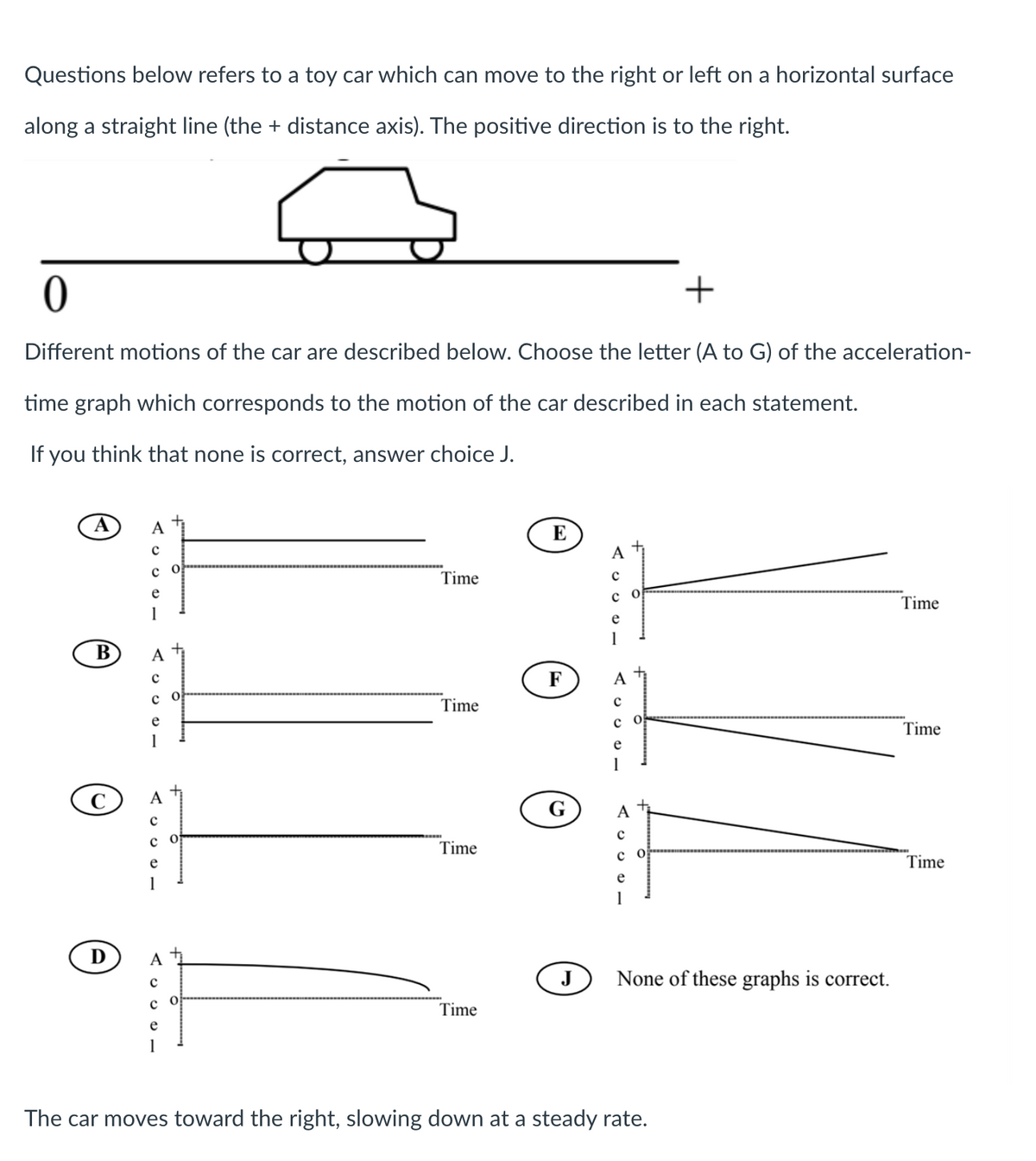 Questions below refers to a toy car which can move to the right or left on a horizontal surface
along a straight line (the + distance axis). The positive direction is to the right.
0
+
Different motions of the car are described below. Choose the letter (A to G) of the acceleration-
time graph which corresponds to the motion of the car described in each statement.
If you think that none is correct, answer choice J.
A
B
C
Ꭰ
A
с
со
e
A
с
с о
1
A
1
0
Time
Time
Time
Time
E
F
G
A
с
1
с
e
J None of these graphs is correct.
The car moves toward the right, slowing down at a steady rate.
Time
Time
Time