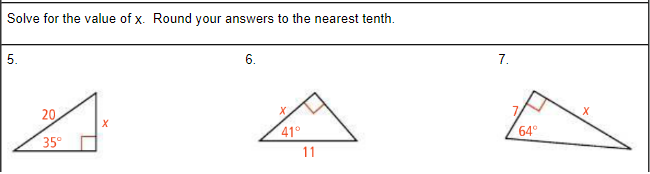 Solve for the value of x. Round your answers to the nearest tenth.
5.
6.
7.
20
X
7.
41°
64°
35°
11
