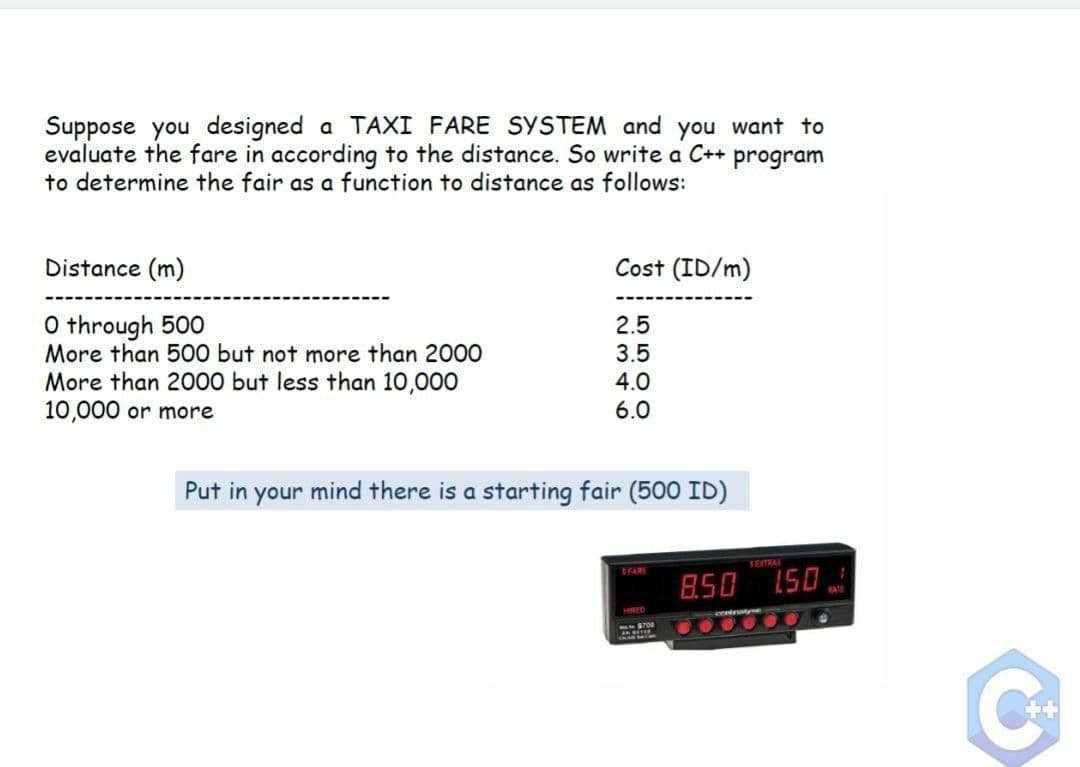 Suppose you designed a TAXI FARE SYSTEM and you want to
evaluate the fare in according to the distance. So write a C++ program
to determine the fair as a function to distance as follows:
Distance (m)
Cost (ID/m)
O through 500
2.5
3.5
More than 500 but not more than 2000
More than 2000 but less than 10,000
10,000 or more
4.0
6.0
Put in your mind there is a starting fair (500 ID)
1 EXTRAL
SFARE
8.50
HIRED
3700
T
centrustyne
150
30
C