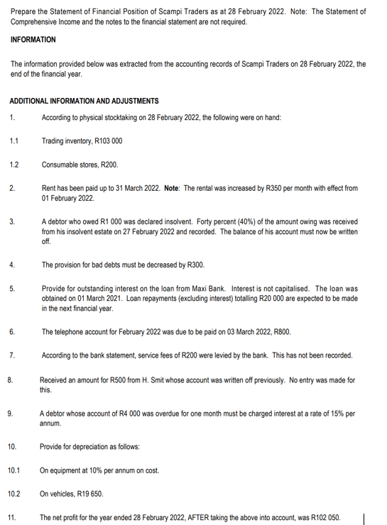 Prepare the Statement of Financial Position of Scampi Traders as at 28 February 2022. Note: The Statement of
Comprehensive Income and the notes to the financial statement are not required.
INFORMATION
The information provided below was extracted from the accounting records of Scampi Traders on 28 February 2022, the
end of the financial year.
ADDITIONAL INFORMATION AND ADJUSTMENTS
According to physical stocktaking on 28 February 2022, the following were on hand:
1.
1.1
Trading inventory, R103 000
1.2
Consumable stores, R200.
2.
Rent has been paid up to 31 March 2022. Note: The rental was increased by R350 per month with effect from
01 February 2022.
3.
A debtor who owed R1 000 was declared insolvent. Forty percent (40%) of the amount owing was received
from his insolvent estate on 27 February 2022 and recorded. The balance of his account must now be written
off.
4.
The provision for bad debts must be decreased by R300.
5.
Provide for outstanding interest on the loan from Maxi Bank. Interest is not capitalised. The loan was
obtained on 01 March 2021. Loan repayments (excluding interest) totalling R20 000 are expected to be made
in the next financial year.
6.
The telephone account for February 2022 was due to be paid on 03 March 2022, R800.
7.
According to the bank statement, service fees of R200 were levied by the bank. This has not been recorded.
Received an amount for R500from H. Smit whose account was written off previously. No entry was made for
8.
this.
9.
A debtor whose account of R4 000 was overdue for one month must be charged interest at a rate of 15% per
annum.
10.
Provide for depreciation as follows:
10.1
On equipment at 10% per annum on cost.
10.2
On vehicles, R19 650.
The net profit for the year ended 28 February 2022, AFTER taking the above into account, was R102 050.
11.
