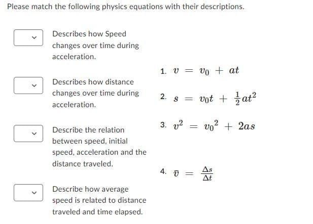 Please match the following physics equations with their descriptions.
Describes how Speed
changes over time during
acceleration.
1. v = vo + at
Describes how distance
changes over time during
2. s = vot + 3 at?
acceleration.
3. v2
vo? + 2as
Describe the relation
between speed, initial
speed, acceleration and the
distance traveled.
4. U
As
At
Describe how average
speed is related to distance
traveled and time elapsed.
>
