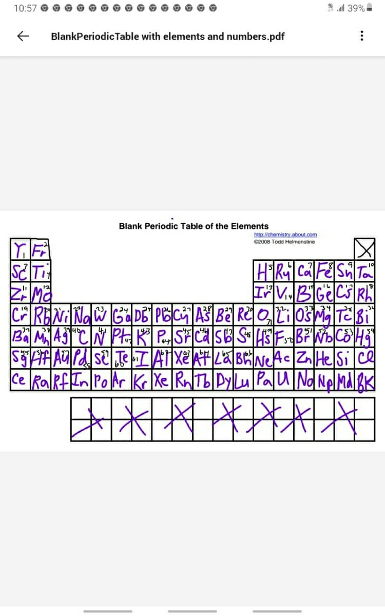 10:57 O
* ll 39%
BlankPeriodicTable with elements and numbers.pdf
Blank Periodic Table of the Elements
http://chemistry.about.com
©2008 Todd Helmenstine
CHRENNAW G DE PECGAS BE RE O,ti ošM
Bi
24
Ce RalRf In PoAr Kr Xe RnTb|Dy|Lu PaU|Nd NplMdl&K
