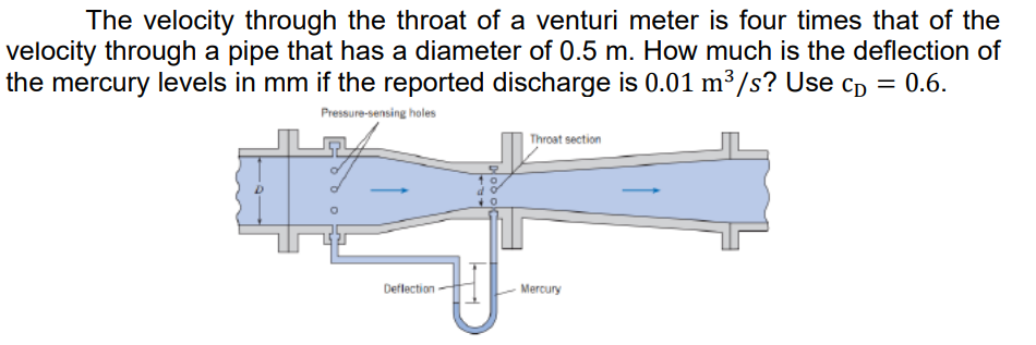 The velocity through the throat of a venturi meter is four times that of the
velocity through a pipe that has a diameter of 0.5 m. How much is the deflection of
the mercury levels in mm if the reported discharge is 0.01 m³/s? Use cp = 0.6.
Pressure-sensing holes
Throat section
Deflection
Mercury
