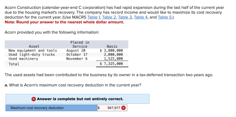 Acorn Construction (calendar-year-end C corporation) has had rapid expansion during the last half of the current year
due to the housing market's recovery. The company has record income and would like to maximize its cost recovery
deduction for the current year. (Use MACRS Table 1, Table 2, Table 3, Table 4, and Table 5.)
Note: Round your answer to the nearest whole dollar amount.
Acorn provided you with the following information:
Placed in
Service
August 20
October 17
November 6
Asset
New equipment and tools
Used light-duty trucks
Used machinery
Total
Basis
$ 3,800,000
2,000,000
1,525,000
$ 7,325,000
The used assets had been contributed to the business by its owner in a tax-deferred transaction two years ago.
a. What is Acorn's maximum cost recovery deduction in the current year?
Answer is complete but not entirely correct.
$
947,917
Maximum cost recovery deduction