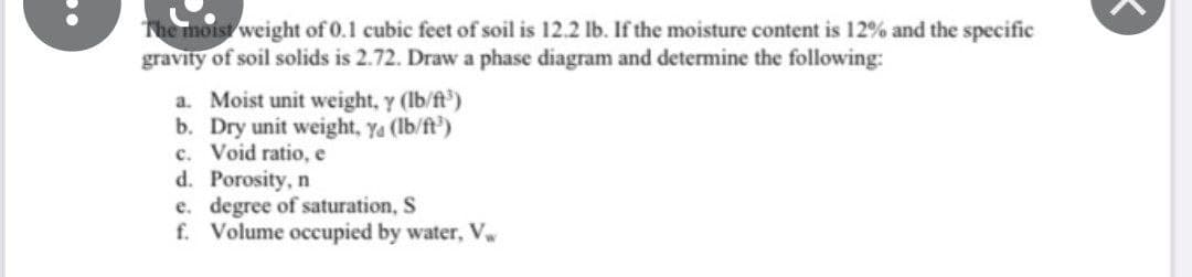 The Thoist weight of 0.1 cubic feet of soil is 12.2 lb. If the moisture content is 12% and the specific
gravity of soil solids is 2.72. Draw a phase diagram and determine the following:
a. Moist unit weight, y (lb/ft)
b. Dry unit weight, ya (lb/ft)
c. Void ratio, e
d. Porosity, n
e. degree of saturation, S
f. Volume occupied by water, V,
