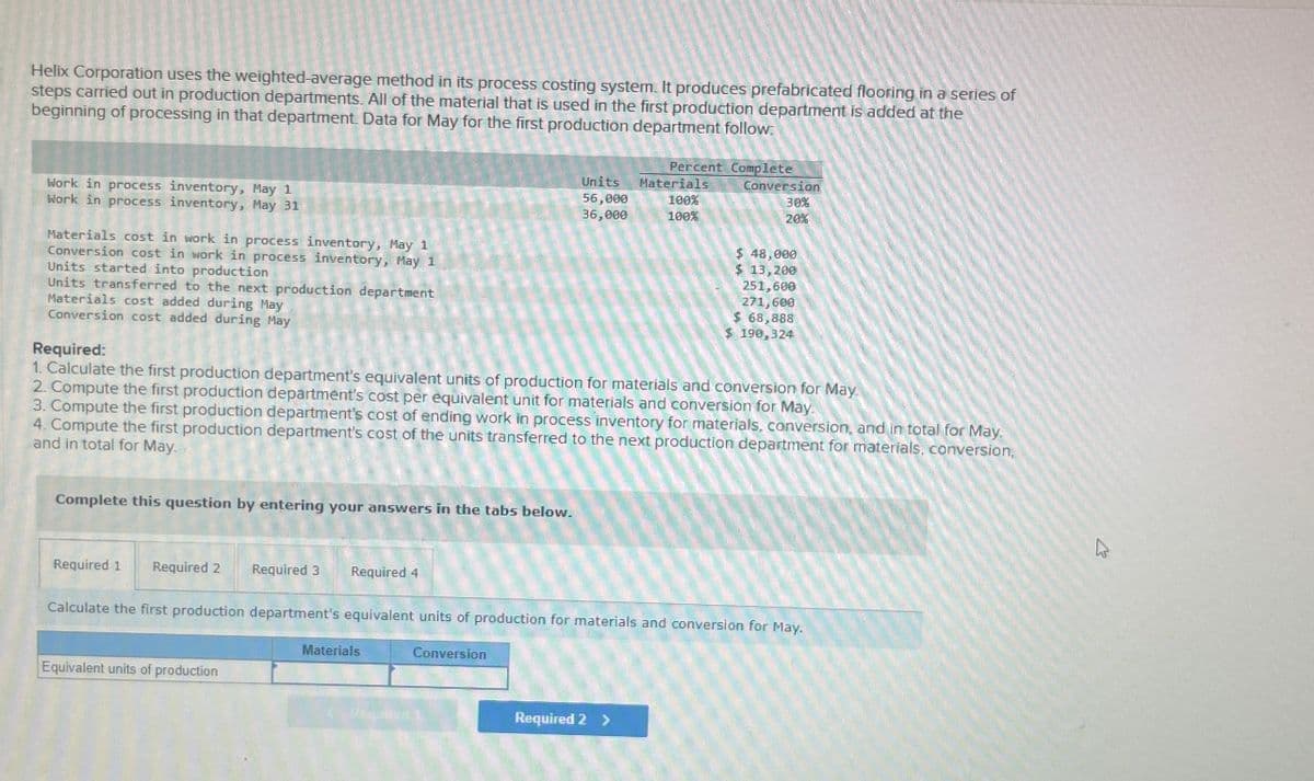 Helix Corporation uses the weighted-average method in its process costing system. It produces prefabricated flooring in a series of
steps carried out in production departments. All of the material that is used in the first production department is added at the
beginning of processing in that department. Data for May for the first production department follow.
Work in process inventory, May 1
Work in process inventory, May 31
Materials cost in work in process inventory, May 1
Conversion cost in work in process inventory, May 1
Units started into production
Units transferred to the next production department
Materials cost added during May
Units
56,000
100%
Percent Complete
Materials Conversion
30%
36,000
100%
20%
$ 48,000
$ 13,200
251,600
271,600
$ 68,888
$ 190,324
Conversion cost added during May
Required:
1. Calculate the first production department's equivalent units of production for materials and conversion for May
2. Compute the first production department's cost per equivalent unit for materials and conversion for May.
3. Compute the first production department's cost of ending work in process inventory for materials, conversion, and in total for May.
4. Compute the first production department's cost of the units transferred to the next production department for materials, conversion,
and in total for May.
Complete this question by entering your answers in the tabs below.
Required 1 Required 2 Required 3 Required 4
Calculate the first production department's equivalent units of production for materials and conversion for May.
Equivalent units of production
Materials
Conversion
Required 2 >