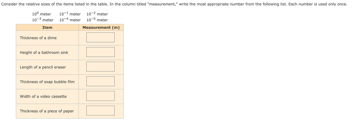 ### Relative Sizes of Common Items

Consider the relative sizes of the items listed in the table below. In the column titled "Measurement," write the most appropriate number from the following list. Each number is used only once.

#### Measurement List (meters):
- \( 10^0 \) meter
- \( 10^{-1} \) meter
- \( 10^{-2} \) meter
- \( 10^{-3} \) meter
- \( 10^{-4} \) meter
- \( 10^{-5} \) meter

#### Table of Items and Measurements

| Item                            | Measurement (m) |
|---------------------------------|-----------------|
| Thickness of a dime             |                 |
| Height of a bathroom sink       |                 |
| Length of a pencil eraser       |                 |
| Thickness of soap bubble film   |                 |
| Width of a video cassette       |                 |
| Thickness of a piece of paper   |                 |

---

On this educational website, you are encouraged to match each item in the table with the most appropriate measurement from the given list. This exercise helps to develop a better understanding of the scale and dimensions of everyday objects compared to standard units of measure.