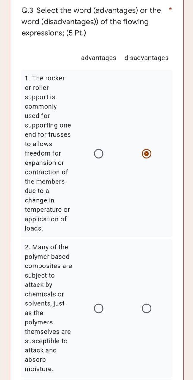 Q.3 Select the word (advantages) or the
*
word (disadvantages)) of the flowing
expressions; (5 Pt.)
1. The rocker
or roller
support is
commonly
used for
supporting one
end for trusses
to allows
freedom for
expansion or
contraction of
the members
due to a
change in
temperature or
application of
loads.
2. Many of the
polymer based
composites are
subject to
attack by
chemicals or
solvents, just
as the
polymers
themselves are
susceptible to
attack and
absorb
moisture.
advantages disadvantages
O