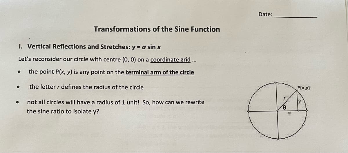 Date:
Transformations of the Sine Function
1. Vertical Reflections and Stretches: y = a sin x
Let's reconsider our circle with centre (0, 0) on a coordinate grid ...
the point P(x, y) is any point on the terminal arm of the circle
the letter r defines the radius of the circle
P(x.y)
not all circles will have a radius of 1 unit! So, how can we rewrite
the sine ratio to isolate y?
