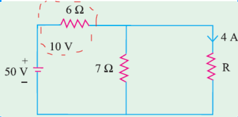 6ΩΝ
4 A.
- 10 V
50 V
7Ω
R
+>I
