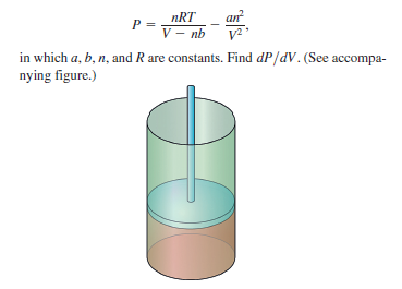 nRT
an
P =
V – nb
in which a, b, n, and R are constants. Find dP/dV. (See accompa-
nying figure.)
