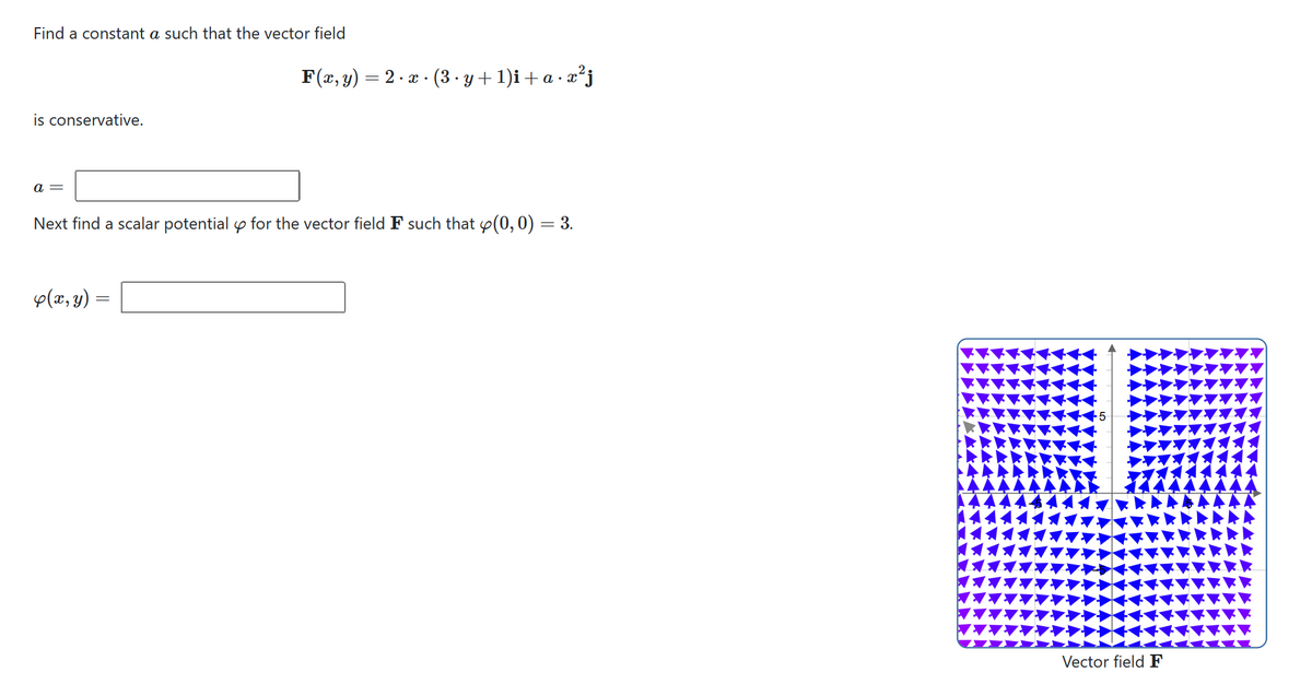 Find a constant a such that the vector field
is conservative.
a =
F(x, y) = 2 x· · (3 · y + 1)i + a · x²j
Next find a scalar potential for the vector field F such that (0,0) = 3.
4
4(x, y) =
Vector field F