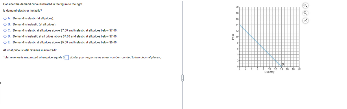 Consider the demand curve illustrated in the figure to the right.
Is demand elastic or inelastic?
O A. Demand is elastic (at all prices).
OB. Demand is inelastic (at all prices).
O C.
Demand is elastic at all prices above $7.00 and inelastic at all prices below $7.00.
Demand is inelastic at all prices above $7.00 and elastic at all prices below $7.00.
O D.
O E. Demand is elastic at all prices above $5.00 and inelastic at all prices below $5.00.
At what price is total revenue maximized?
Total revenue is maximized when price equals $(Enter your response as a real number rounded to two decimal places.)
Price
20-
18+
16-
14-
12-
10-
8-
6-
4-
2-
0-
10 12
Quantity
ID
14 16 18 20
Q
Q
G