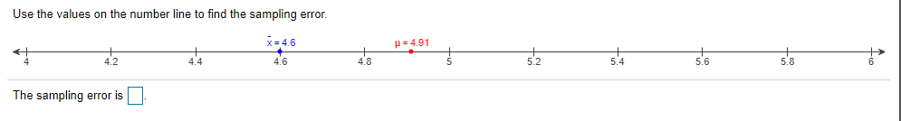 Use the values on the number line to find the sampling error.
x= 4.6
H=4.91
4.2
4.6
4.8
52
5.4
5.8
The sampling error is
