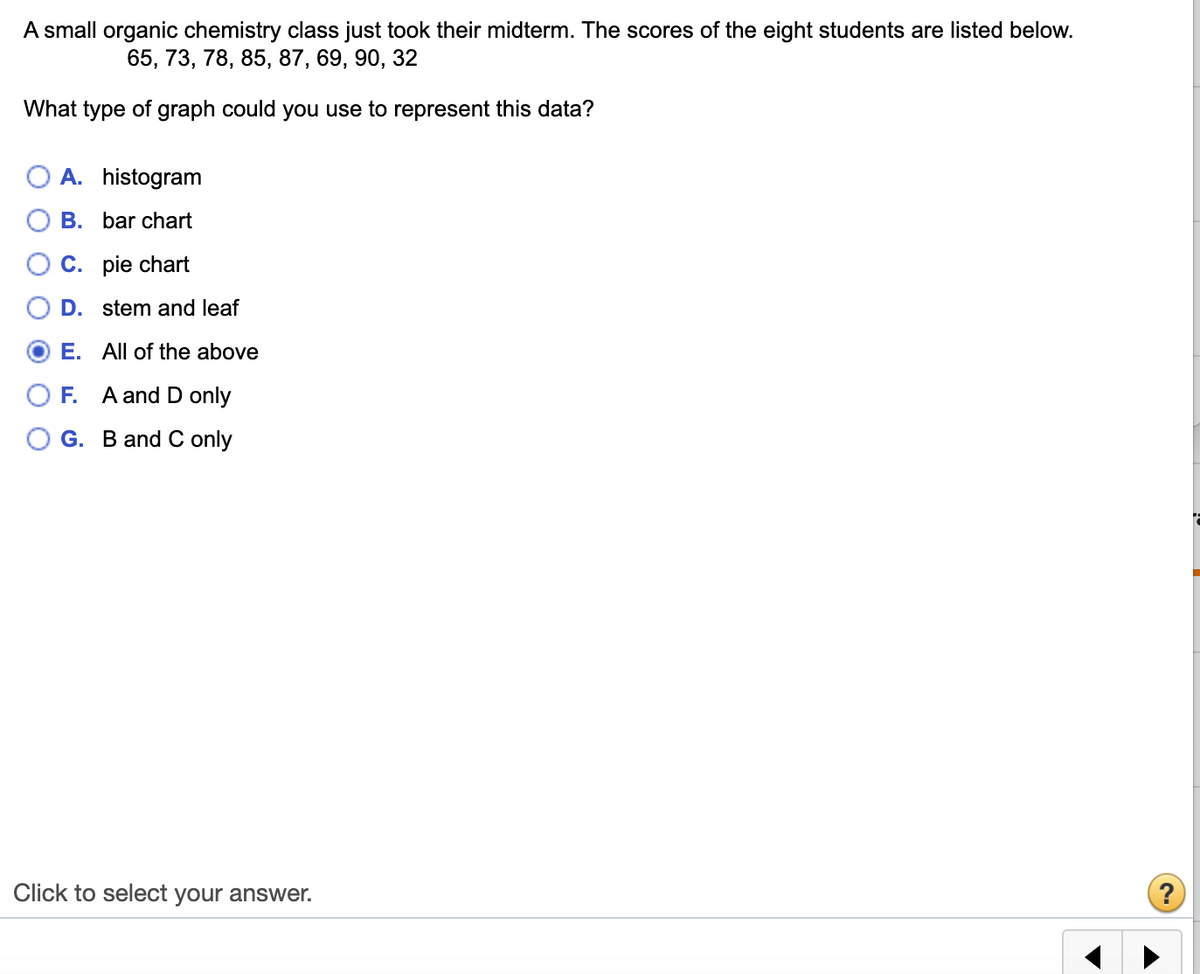 A small organic chemistry class just took their midterm. The scores of the eight students are listed below.
65, 73, 78, 85, 87, 69, 90, 32
What type of graph could you use to represent this data?
A. histogram
B. bar chart
C. pie chart
D. stem and leaf
E. All of the above
O F. A and D only
G. B and C only
Click to select your answer.
O O
