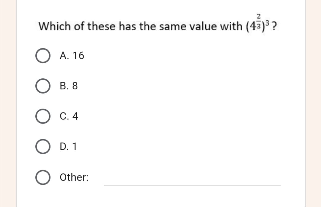 2
Which of these has the same value with (45)³ ?
А. 16
В. 8
С. 4
D. 1
Other:
