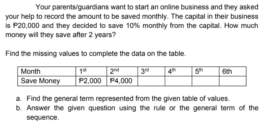 Your parents/guardians want to start an online business and they asked
your help to record the amount to be saved monthly. The capital in their business
is P20,000 and they decided to save 10% monthly from the capital. How much
money will they save after 2 years?
Find the missing values to complete the data on the table.
Month
1st
2nd
3rd
4th
5th
6th
Save Money
P2,000 P4,000
a. Find the general term represented from the given table of values.
b. Answer the given question using the rule or the general term of the
sequence.
