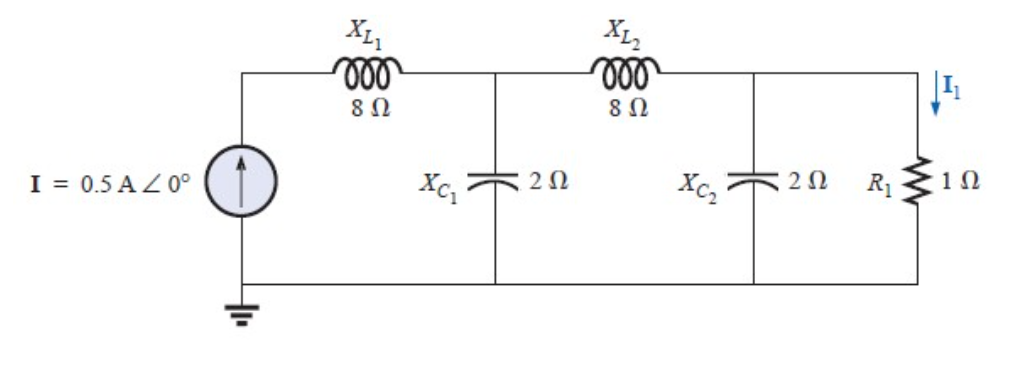 I = 0.5 A / 0°
Χρι
voo
8 Ω
Xci
2 Ω
Χμ,
000
8 Ω
Xc,
2 Ω
R Σ1Ω