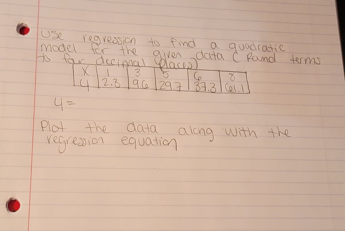 Use
regression to find
model for the
to four decimal places)
L4
4=
a quadratic
given data
data C Rand terms
3
5
8
2.3 9.6 29.7 137.3 1 61.1
17.3
Plot
the
regression equation
data along with the