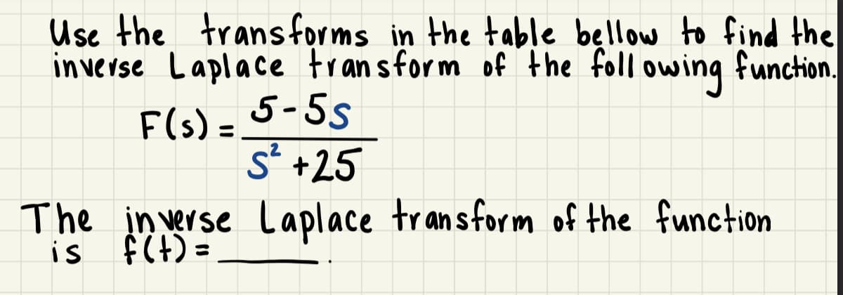 Use the transforms in the table bellow to find the
inverse Laplace transform of the following function.
F(s) = 5-5s
S² +25
The inverse Laplace transform of the function
is f(t)=