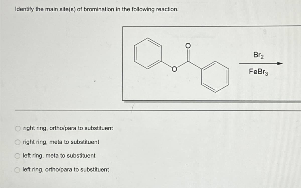 Identify the main site(s) of bromination in the following reaction.
right ring, ortho/para to substituent
right ring, meta to substituent
left ring, meta to substituent
left ring, ortho/para to substituent
Br₂
FeBr3