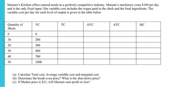 Mariam's Kitchen offers catered meals in a perfectly competitive industry. Mariam's machinery costs $100 per day
and is the only fixed input. Her variable cost includes the wages paid to the chefs and the food ingredients. The
variable cost per day for each level of output is given in the table below
Quantity of
Meals
0
10
20
30
40
50
VC
0
200
300
480
700
1000
TC
AVC
(a) Calculate Total cost, Average variable cost and marginal cost
(b) Determine the break-even price? What is the shut-down price?
(c) If Market price is $21, will Mariam earn profit or loss?
ATC
MC