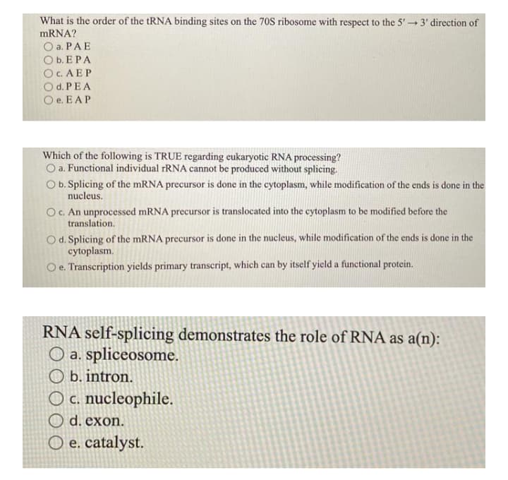 What is the order of the tRNA binding sites on the 70S ribosome with respect to the 5'→ 3' direction of
mRNA?
O a. PAE
ОБ.ЕРА
OC. AEP
O d. PEA
O e. E AP
Which of the following is TRUE regarding eukaryotic RNA processing?
O a. Functional individual FRNA cannot be produced without splicing.
O b. Splicing of the MRNA precursor is done in the cytoplasm, while modification of the ends is done in the
nucleus.
OC. An unprocessed mRNA precursor is translocated into the cytoplasm to be modified before the
translation.
O d. Splicing of the mRNA precursor is done in the nucleus, while modification of the ends is done in the
cytoplasm.
O e. Transcription yields primary transcript, which can by itself yield a functional protein.
RNA self-splicing demonstrates the role of RNA as a(n):
O a. spliceosome.
O b. intron.
O c. nucleophile.
O d. exon.
O e. catalyst.
