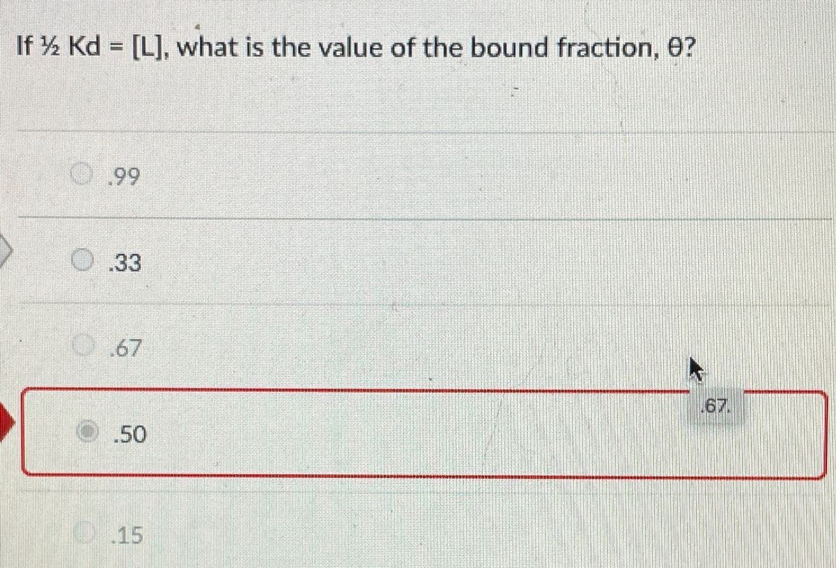 If ½ Kd = [L], what is the value of the bound fraction, 0?
Ⓒ.99
33
.67
.50
15
67.