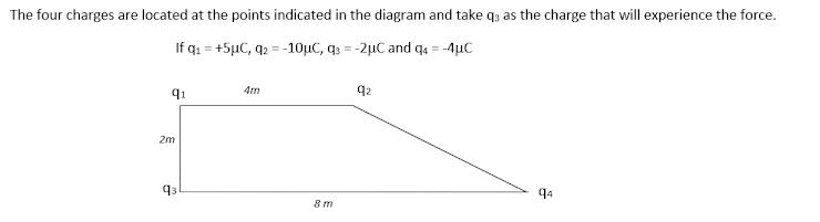 The four charges are located at the points indicated in the diagram and take q3 as the charge that will experience the force.
If q: = +5µC, q2 = -10µC, q3 = -2µC and q4 = -4µC
91
Am
q2
2m
93
q4
8 m
