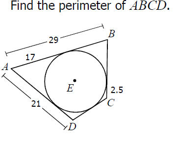 Find the perimeter of ABCD.
B
- 29
17
E
2.5
21
D
